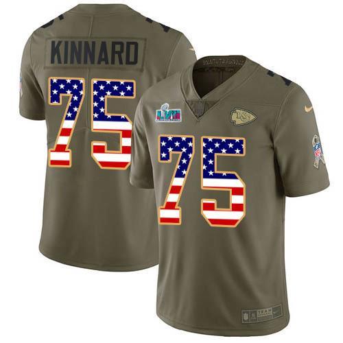 Nike Chiefs #75 Darian Kinnard Olive/USA Flag Super Bowl LVII Patch Stitched NFL Limited 2017 Salute To Service Jersey