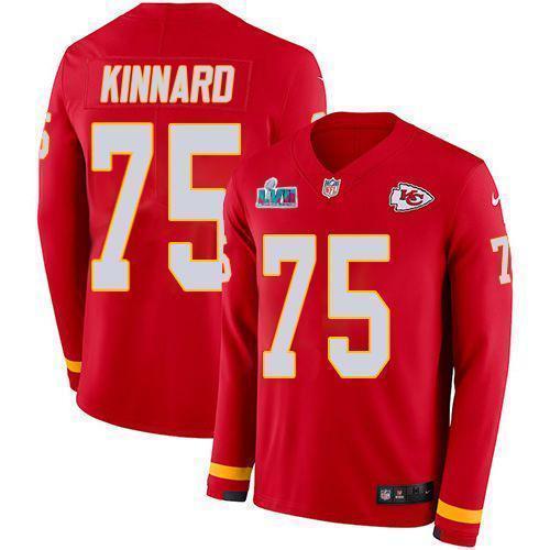 Nike Chiefs #75 Darian Kinnard Red Team Color Super Bowl LVII Patch Stitched NFL Limited Therma Long Sleeve Jersey
