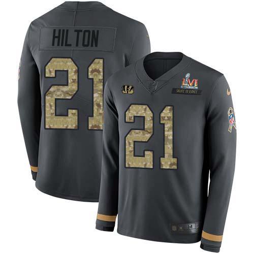 Nike Cincinnati Bengals #21 Mike Hilton Anthracite Super Bowl LVI Patch Salute to Service Stitched NFL Limited Therma Long Sleeve Jersey