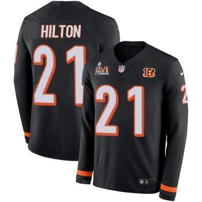 Nike Cincinnati Bengals #21 Mike Hilton Black Team Color Super Bowl LVI Patch Stitched NFL Limited Therma Long Sleeve Jersey