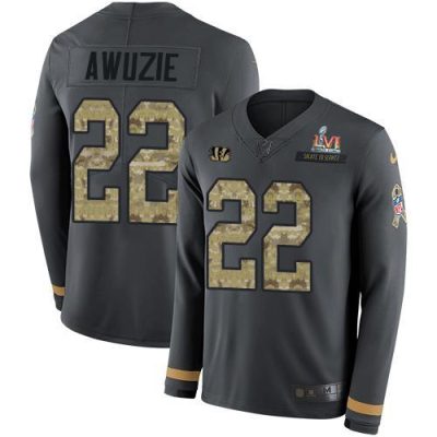 Nike Cincinnati Bengals #22 Chidobe Awuzie Anthracite Super Bowl LVI Patch Salute to Service Stitched NFL Limited Therma Long Sleeve Jersey