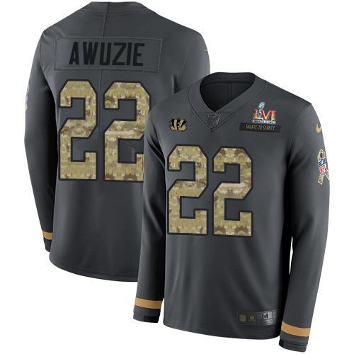 Nike Cincinnati Bengals #22 Chidobe Awuzie Anthracite Super Bowl LVI Patch Salute to Service Stitched NFL Limited Therma Long Sleeve Jersey Youth