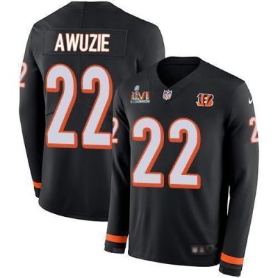 Nike Cincinnati Bengals #22 Chidobe Awuzie Black Team Color Super Bowl LVI Patch Stitched NFL Limited Therma Long Sleeve Jersey
