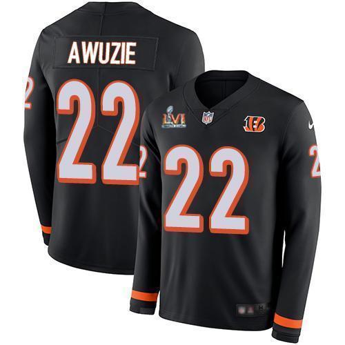 Nike Cincinnati Bengals #22 Chidobe Awuzie Black Team Color Super Bowl LVI Patch Stitched NFL Limited Therma Long Sleeve Jersey