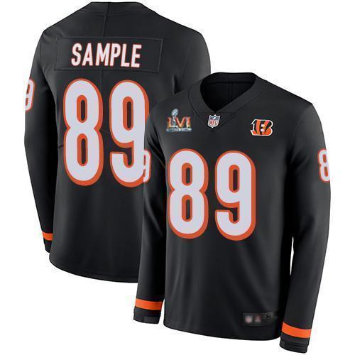 Nike Cincinnati Bengals #89 Drew Sample Black Team Color Super Bowl LVI Patch Stitched NFL Limited Therma Long Sleeve Jersey