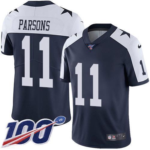 Nike Cowboys #11 Micah Parsons Navy Blue Thanksgiving Stitched NFL 100th Season Vapor Throwback Limited Jersey