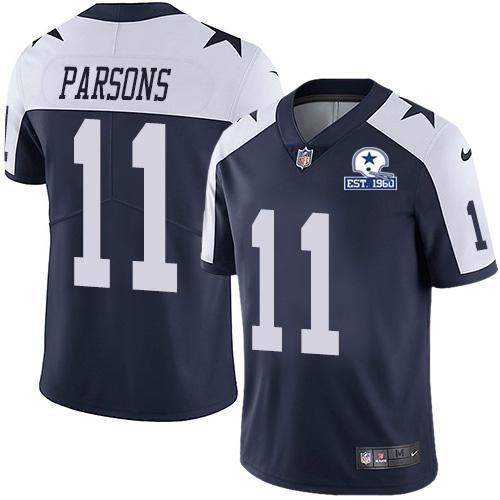Nike Cowboys #11 Micah Parsons Navy Blue Thanksgiving Stitched With Established In 1960 Patch NFL Vapor Untouchable Limited Throwback Jersey