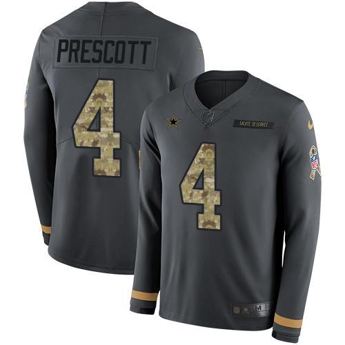 Nike Cowboys #4 Dak Prescott Anthracite Salute To Service Stitched NFL Limited Therma Long Sleeve Jersey