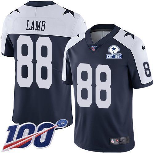 Nike Cowboys #88 CeeDee Lamb Navy Blue Thanksgiving Stitched With Established In 1960 Patch NFL 100th Season Vapor Untouchable Limited Throwback Jers