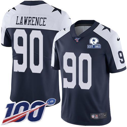Nike Cowboys #90 DeMarcus Lawrence Navy Blue Thanksgiving Stitched With Established In 1960 Patch NFL 100th Season Vapor Untouchable Limited Throwbac