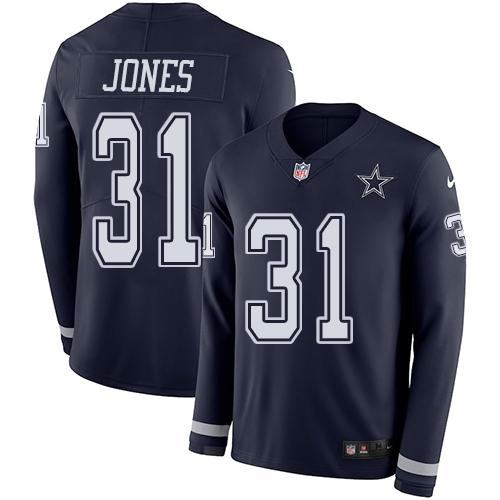 Nike Dallas Cowboys #31 Byron Jones Navy Blue Team Color Stitched NFL Limited Therma Long Sleeve Jersey