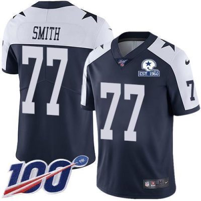 Nike Dallas Cowboys #77 Tyron Smith Navy Blue Thanksgiving Stitched With Established In 1960 Patch NFL 100th Season Vapor Untouchable Limited Throwba