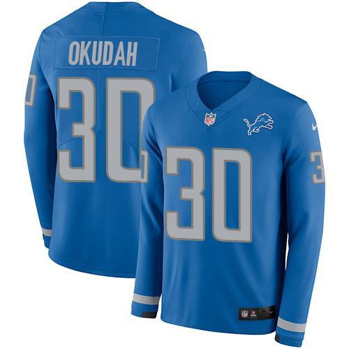 Nike Detroit Lions #30 Jeff Okudah Blue Team Color Stitched NFL Limited Therma Long Sleeve Jersey