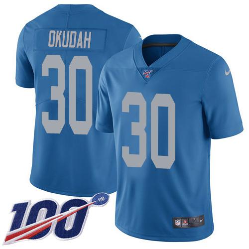 Nike Detroit Lions #30 Jeff Okudah Blue Throwback Stitched NFL 100th Season Vapor Untouchable Limited Jersey