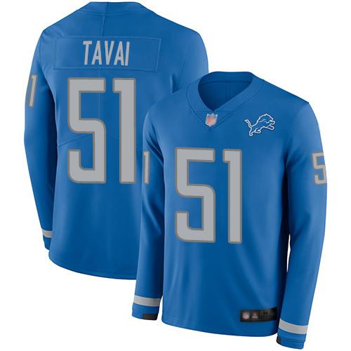 Nike Detroit Lions #51 Jahlani Tavai Blue Team Color Stitched NFL Limited Therma Long Sleeve Jersey