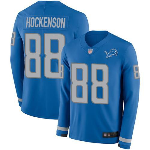 Nike Detroit Lions #88 T.J. Hockenson Blue Team Color Stitched NFL Limited Therma Long Sleeve Jersey