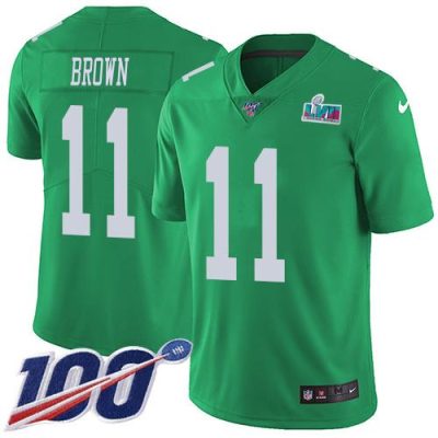 Philadelphia Eagles #11 A.J. Brown Green Super Bowl LVII Patch Stitched NFL Limited Rush 100th Season Jersey