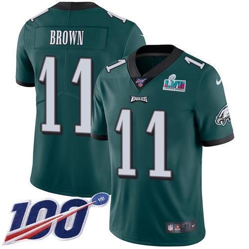 Philadelphia Eagles #11 A.J. Brown Green Team Color Super Bowl LVII Patch Stitched NFL 100th Season Vapor Untouchable Limited Jersey