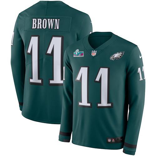 Philadelphia Eagles #11 A.J. Brown Green Team Color Super Bowl LVII Patch Stitched NFL Limited Therma Long Sleeve Jersey