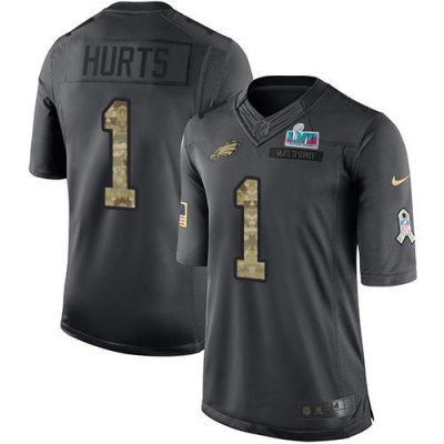 Philadelphia Eagles #1 Jalen Hurts Black Super Bowl LVII Patch Stitched NFL Limited 2016 Salute To Service Jersey