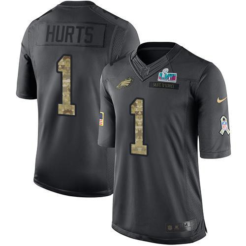 Philadelphia Eagles #1 Jalen Hurts Black Super Bowl LVII Patch Stitched NFL Limited 2016 Salute To Service Jersey