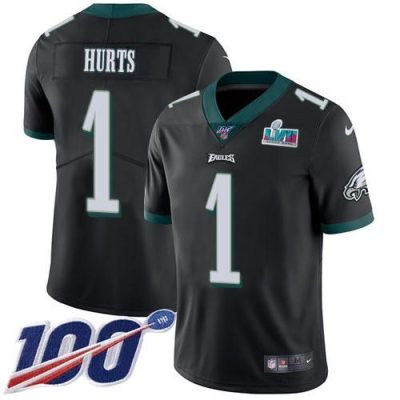 Philadelphia Eagles #1 Jalen Hurts Black Super Bowl LVII Patch Alternate Stitched NFL 100th Season Vapor Limited Jersey
