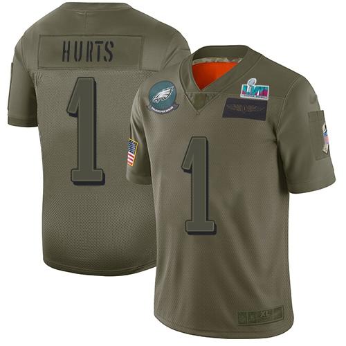Philadelphia Eagles #1 Jalen Hurts Camo Super Bowl LVII Patch Stitched NFL Limited 2019 Salute To Service Jersey