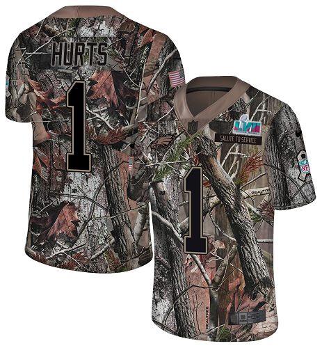 Philadelphia Eagles #1 Jalen Hurts Camo Super Bowl LVII Patch Stitched NFL Limited Rush Realtree Jersey