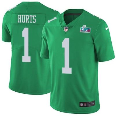 Philadelphia Eagles #1 Jalen Hurts Green Super Bowl LVII Patch Stitched NFL Limited Rush Jersey