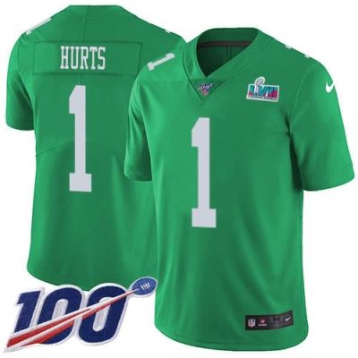 Philadelphia Eagles #1 Jalen Hurts Green Super Bowl LVII Patch Stitched NFL Limited Rush 100th Season Jersey