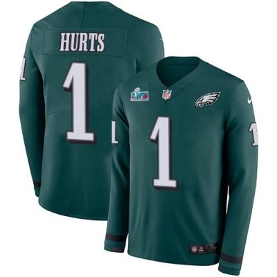Philadelphia Eagles #1 Jalen Hurts Green Super Bowl LVII Patch Team Color Stitched NFL Limited Therma Long Sleeve Jersey