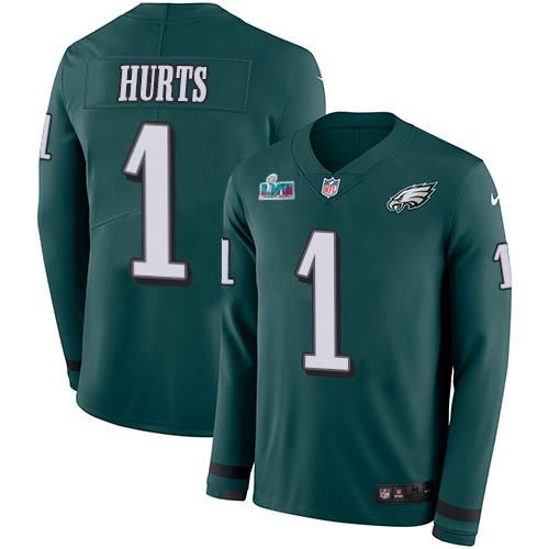Philadelphia Eagles #1 Jalen Hurts Green Super Bowl LVII Patch Team Color Stitched NFL Limited Therma Long Sleeve Jersey