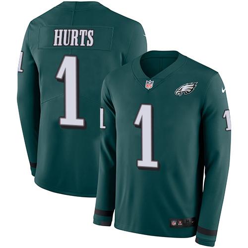 Philadelphia Eagles #1 Jalen Hurts Green Team Color Stitched NFL Limited Therma Long Sleeve Jersey