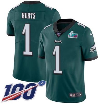 Philadelphia Eagles #1 Jalen Hurts Green Team Color Super Bowl LVII Patch Stitched NFL 100th Season Vapor Limited Jersey