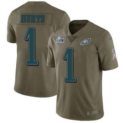 Philadelphia Eagles #1 Jalen Hurts Olive Super Bowl LVII Patch Stitched NFL Limited 2017 Salute To Service Jersey