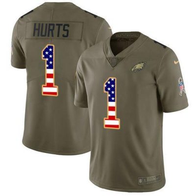 Philadelphia Eagles #1 Jalen Hurts Olive/USA Flag Stitched NFL Limited 2017 Salute To Service Jersey