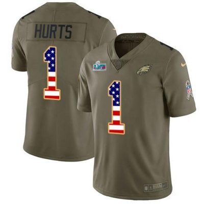 Philadelphia Eagles #1 Jalen Hurts Olive/USA Flag Super Bowl LVII Patch Stitched NFL Limited 2017 Salute To Service Jersey