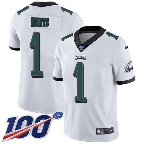 Philadelphia Eagles #1 Jalen Hurts White Stitched NFL 100th Season Vapor Untouchable Limited Jersey