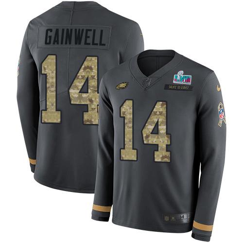 Philadelphia Eagles #14 Kenneth Gainwell Anthracite Salute To Service Super Bowl LVII Patch Stitched NFL Limited Therma Long Sleeve Jersey