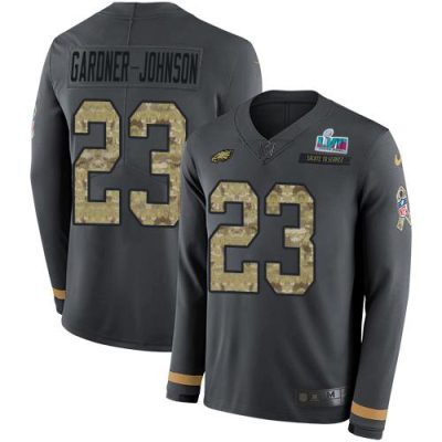 Philadelphia Eagles #23 C.J. Gardner-Johnson Anthracite Salute To Service Super Bowl LVII Patch Stitched NFL Limited Therma Long Sleeve Jersey