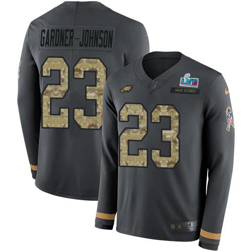 Philadelphia Eagles #23 C.J. Gardner-Johnson Anthracite Salute To Service Super Bowl LVII Patch Stitched NFL Limited Therma Long Sleeve Jersey