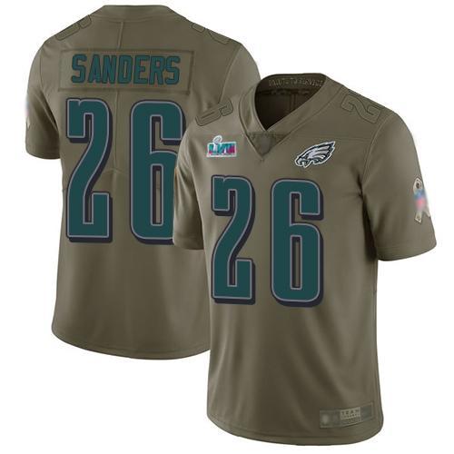 Philadelphia Eagles #26 Miles Sanders Olive Super Bowl LVII Patch Stitched NFL Limited 2017 Salute To Service Jersey