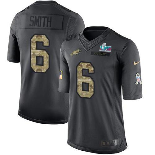 Philadelphia Eagles #6 DeVonta Smith Black Super Bowl LVII Patch Stitched NFL Limited 2016 Salute To Service Jersey