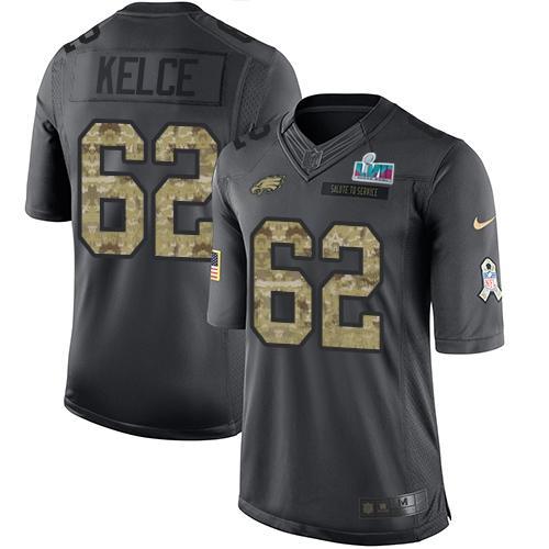 Philadelphia Eagles #62 Jason Kelce Black Super Bowl LVII Patch Stitched NFL Limited 2016 Salute To Service Jersey