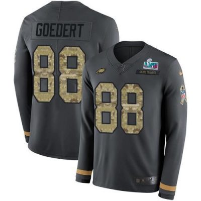 Philadelphia Eagles #88 Dallas Goedert Anthracite Super Bowl LVII Patch Salute To Service Stitched NFL Limited Therma Long Sleeve Jersey
