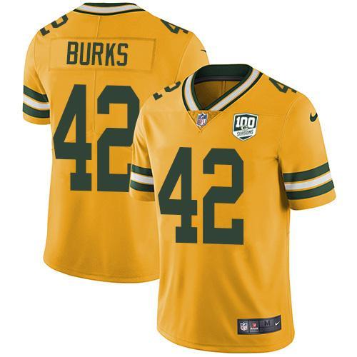 Nike Green Bay Packers #42 Oren Burks Yellow 100th Season Stitched Limited Rush Jersey