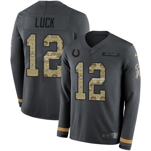 Nike Indianapolis Colts #12 Andrew Luck Anthracite Salute to Service Stitched NFL Limited Therma Long Sleeve Jersey