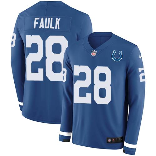 Nike Indianapolis Colts #28 Marshall Faulk Royal Blue Team Color Stitched NFL Limited Therma Long Sleeve Jersey