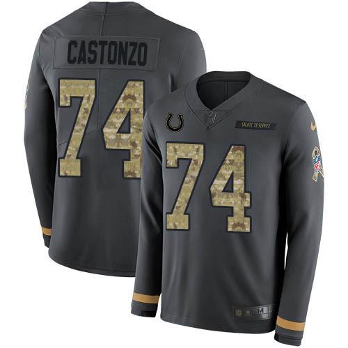 Nike Indianapolis Colts #74 Anthony Castonzo Anthracite Salute to Service Stitched NFL Limited Therma Long Sleeve Jersey