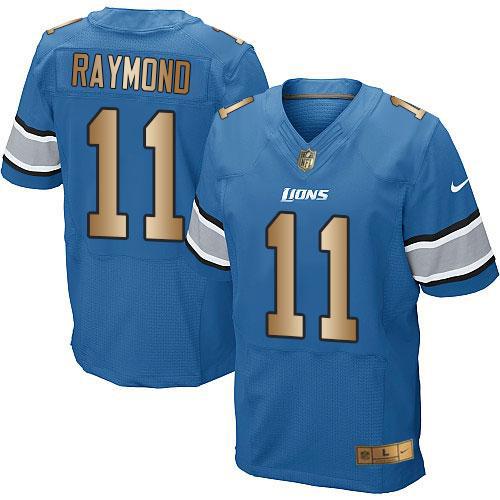 Nike Lions #11 Kalif Raymond Blue Team Color Stitched NFL Elite Gold Jersey